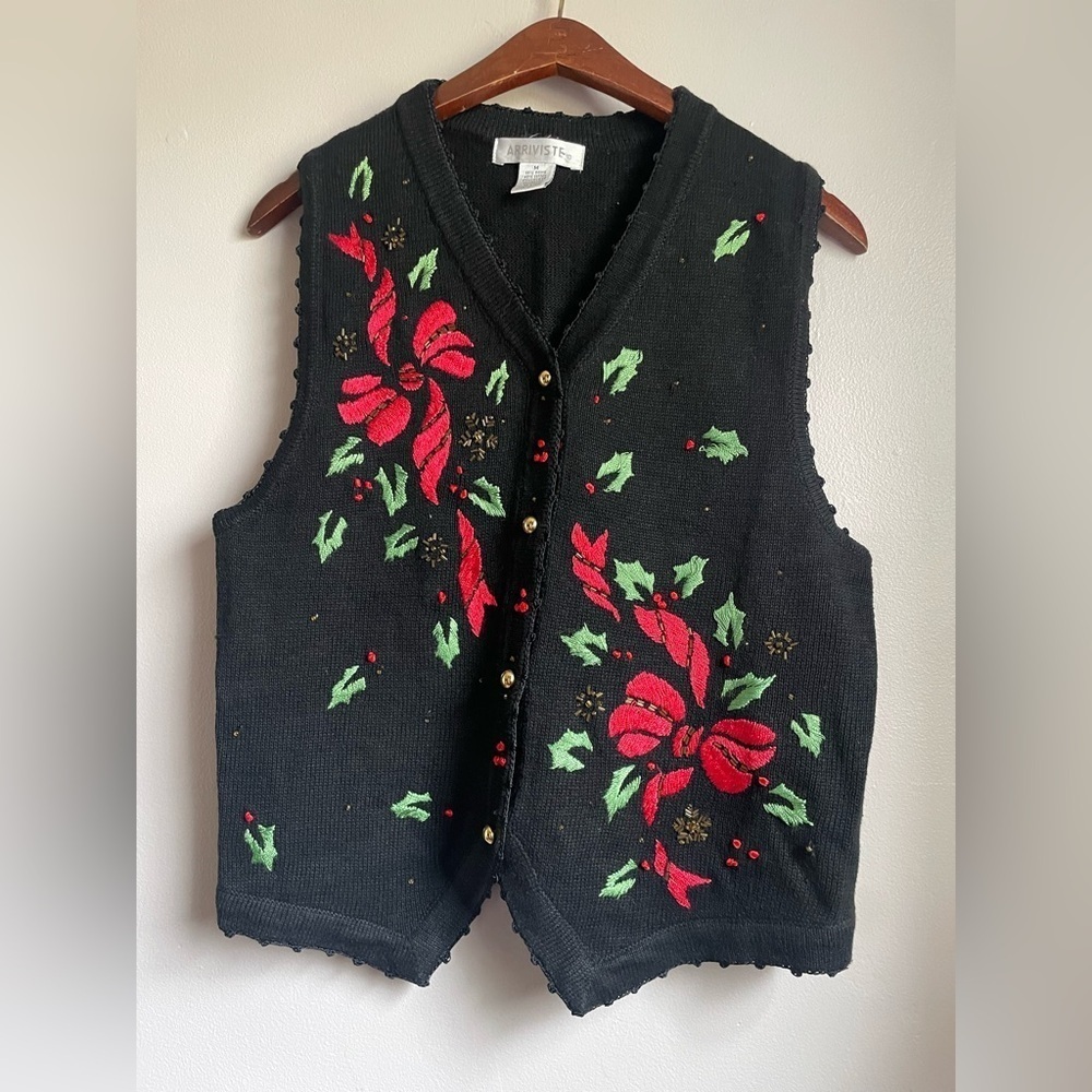 Arriviste Christmas Cardigan Sweater Vest Embroidered Poinsettia Black   B